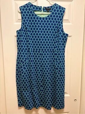 Lands' End Blue Dress with Teal Geometric Print